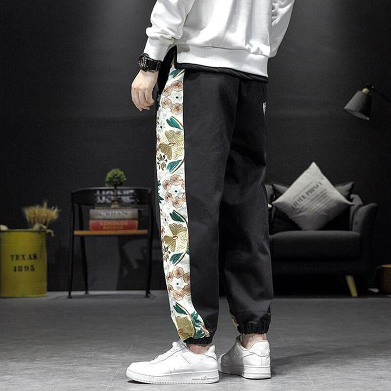 Streetwear bordado hip hop retalhos calças dos homens harem tamanho grande harajuku casual estilo japonês oversized