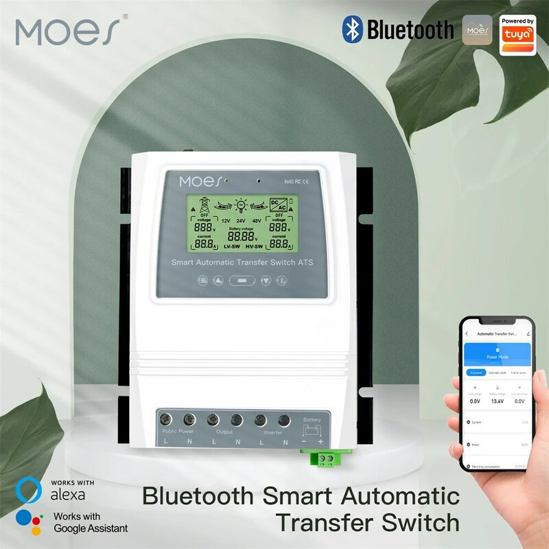 MOES Tuya Smart Bluetooth Dual Power Controller 80A 16KW Saklar Transfer Otomatis Hemat Energi untuk Sistem Angin Surya Off Grid