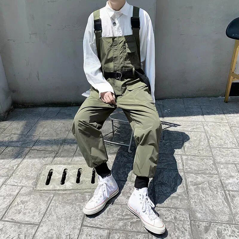 Men Rompers Casual Overalls Jumpsuits Patchwork Streetwear Multi Pockets Loose Cargo Japanese Style Harajuku