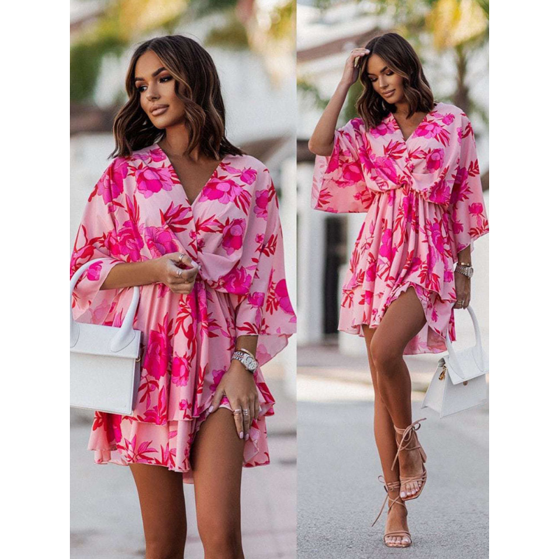 Women Elastic Waist Batwing Sleeve Mini Dresses Summer Casual Floral Print V Neck Dresses Female Sexy Tierred Beach Party Dress
