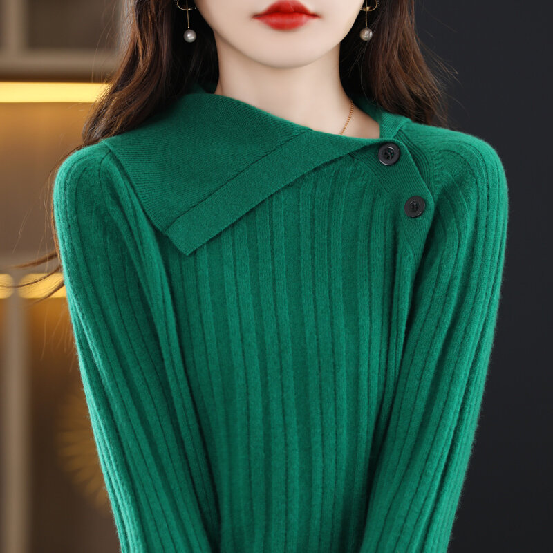Jersey holgado de punto de lana pura para mujer, camisa con solapa Irregular, otoño e invierno, 100%