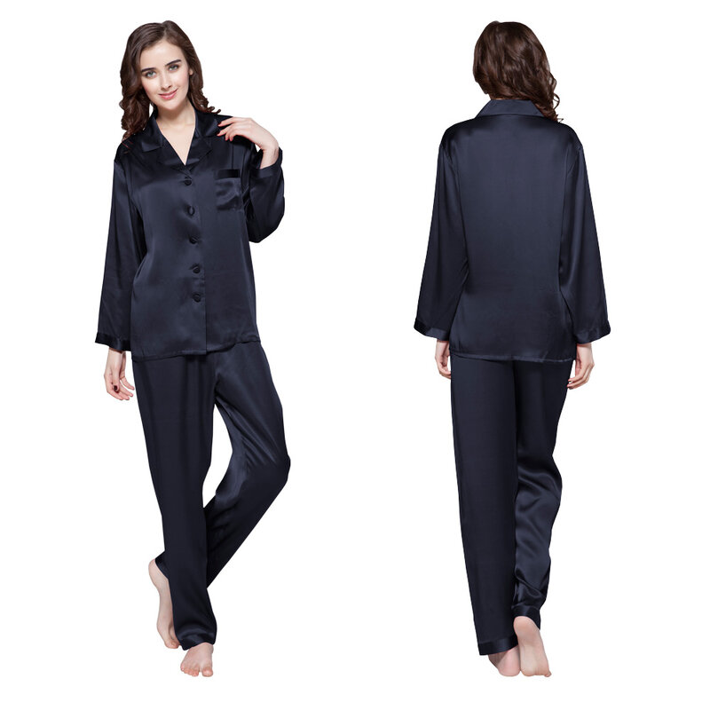 Pyjama en soie véritable pour femme, ensemble deux pièces de luxe, couleur unie, vêtements de nuit naturels, pleine longueur, Lingerie Sexy, 19 Momme