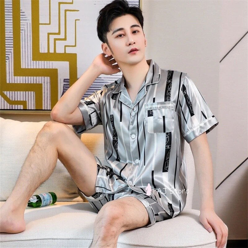 Sleepwear curto homme verão 5xl masculino pijamas grande para pijamas casa masculina cetim de seda pijama conjunto de roupas casuais