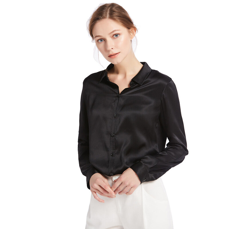 22mm 100 Silk Shirts Bluse Elegante Grund Reine Natürliche Charmeuse Silk Chinesischen Lange Ärmel Glänzend Frauen Freies Verschiffen