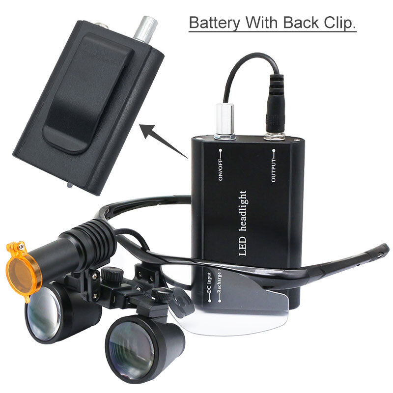 2.5X/3.5X Binocular Dental Loupes 5W Headlight Yellow Filter with Black Aluminum Suitcase Rechargeable  Battery with Back Clip