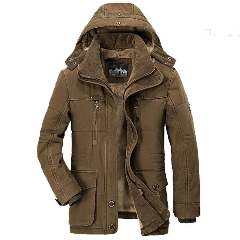 Зимняя куртка средней длины с бархатной подкладкой из плотного хлопка с капюшоном