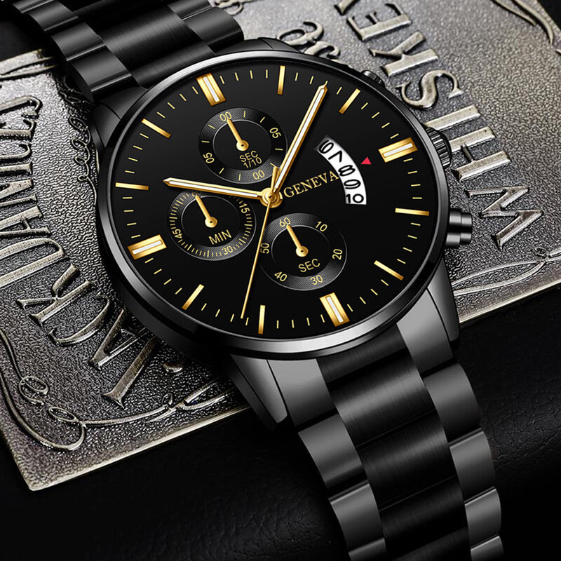 時計ファッション偽三目6ピンカレンダーメンズ腕時計メッシュベルト男性の腕時計