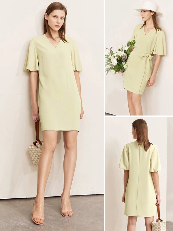 AMII Minimalism Dress for Women 2023 New Elegant Casual Fashion Dresses Solid Puff Sleeve A-line Loose V-neck Vestido 12220107