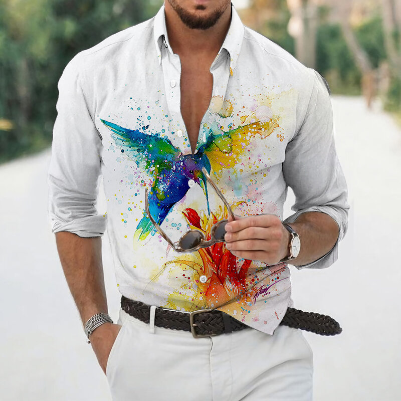 Camicia a manique lunghe moda uomo primavera autunno graffiti tinta pintura impressão risvolto camicia sociale cena uomo topo S-3XL