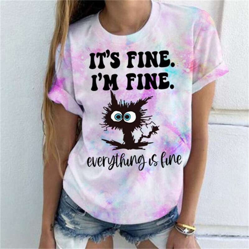 Funny Cat It's Fine I'm Fine Everything Is Fine Print T-shirts for Women Men Summer Tee Shirt Femme Fashion Casual T-shirts