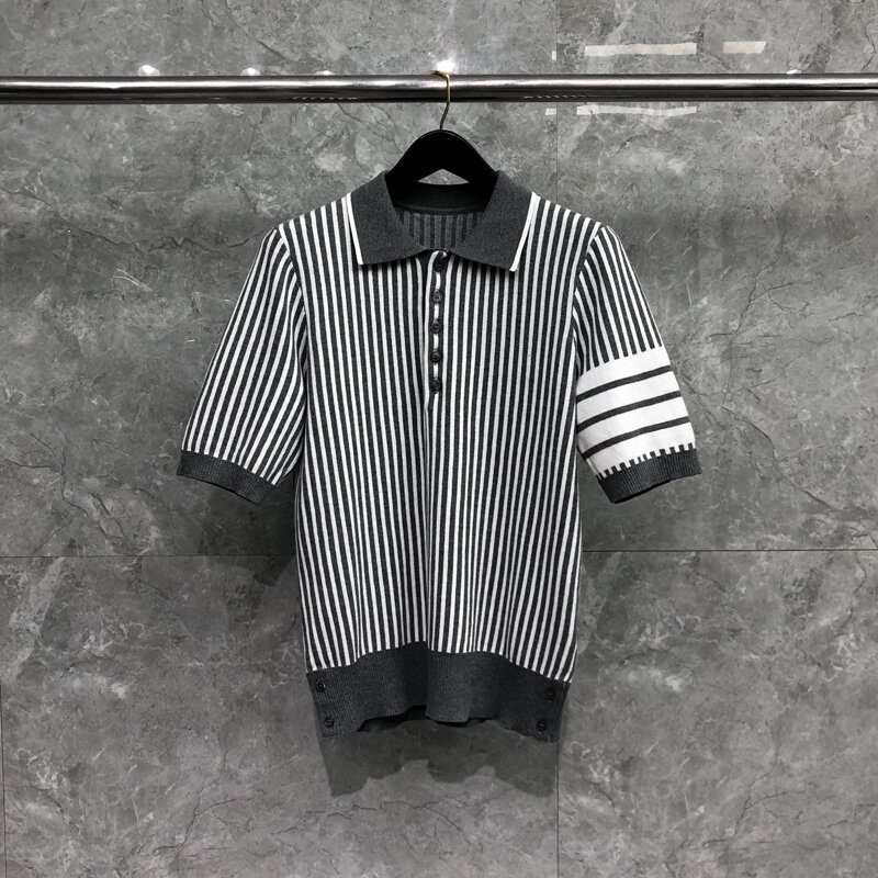 TB Thom-Clássico Vertical Stripe Design Camisa Polo, Original Homens Tees, de Alta Qualidade, Unisex, Tops Famosos, Tricô, Verão