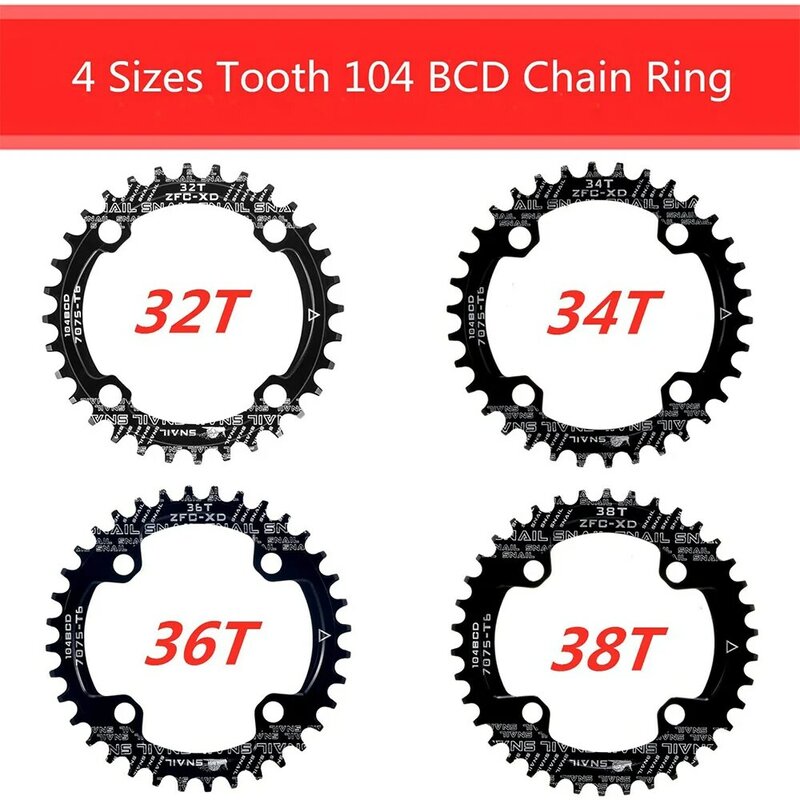 Anillo de cadena de bicicleta de montaña SNAIL 104 BCD 32T 34T 36T 38T anillo de cadena individual ancho estrecho con 4 piezas de corona de pernos de piñón