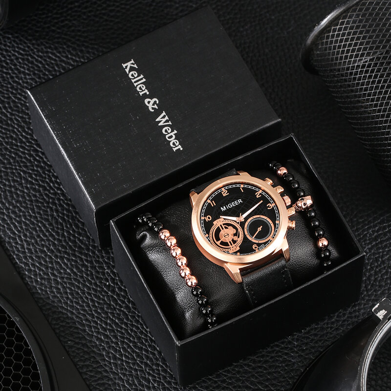 Moda masculina casual relógio de negócios crânio par talão corrente conjunto com caixa pulseira de couro relógio de quartzo presente para masculino retro relógio de pulso