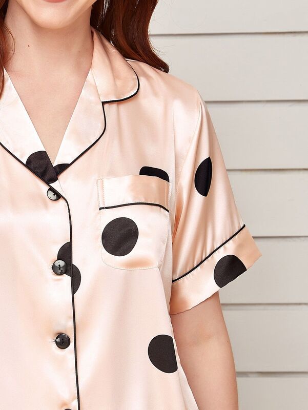 Womens loungewear pjs polka dots nightwear botão para baixo cetim pijamas conjunto