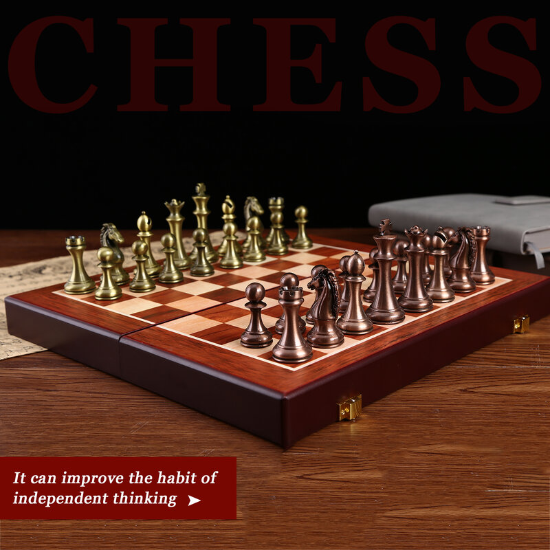 Conjunto de xadrez internacional dobrável de madeira grande placa de xadrez com 32 peças de metal padrão jogo de tabuleiro para o entretenimento adulto do miúdo