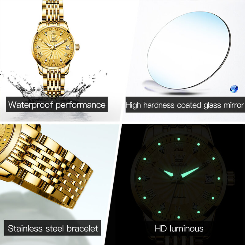 Olevs pulseira de aço inoxidável à prova dwaterproof água relógios para mulher calendário duplo negócio automático mecânico relógios femininos luminosos