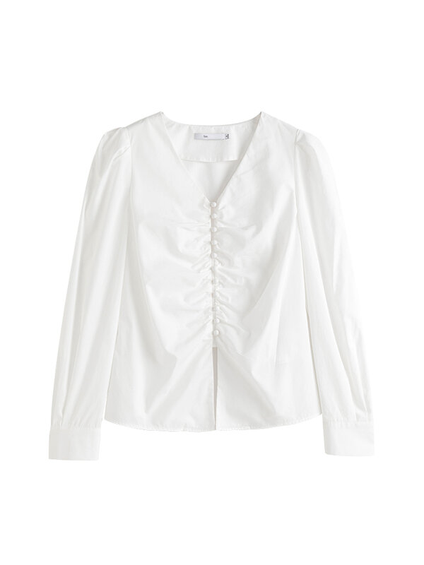 FSLE-camisa plisada de manga larga con cuello en V para mujer, camisa elegante con botones, color liso, para oficina, Otoño, 2021