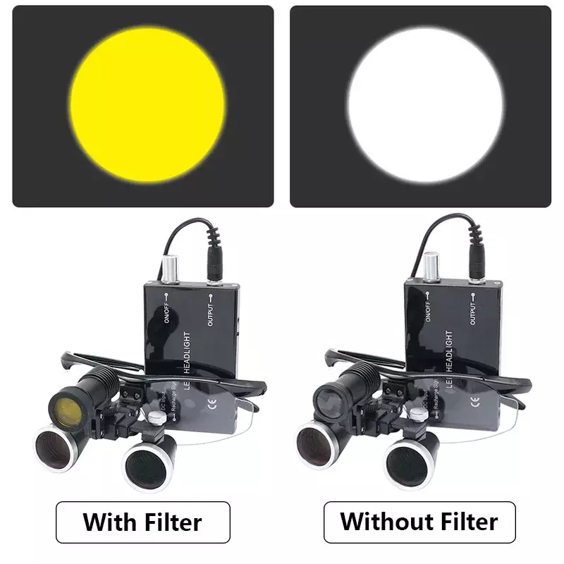 Lupa dental binocular com filtro amarelo, farol, caixa de pano, lâmpada LED opcional, farol, bateria recarregável, 2.5X 3.5X