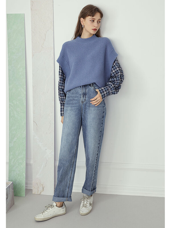 FSLE-Conjunto de dos piezas falsas para mujer, suéter de punto azul de gran tamaño, jersey de manga larga de retales, Jersey informal de invierno, prendas de punto