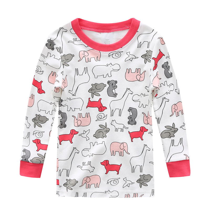 男の子と女の子のための漫画のパジャマ,動物のモチーフ,綿100%,長袖トップパンツ