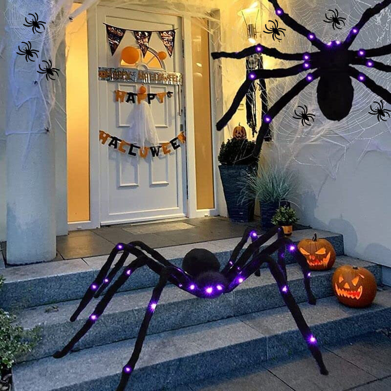 할로윈 장식 유령 소품 검은 무서운 거대한 시뮬레이션 거미 보라색 LED 조명, 실내 야외 유령 장식