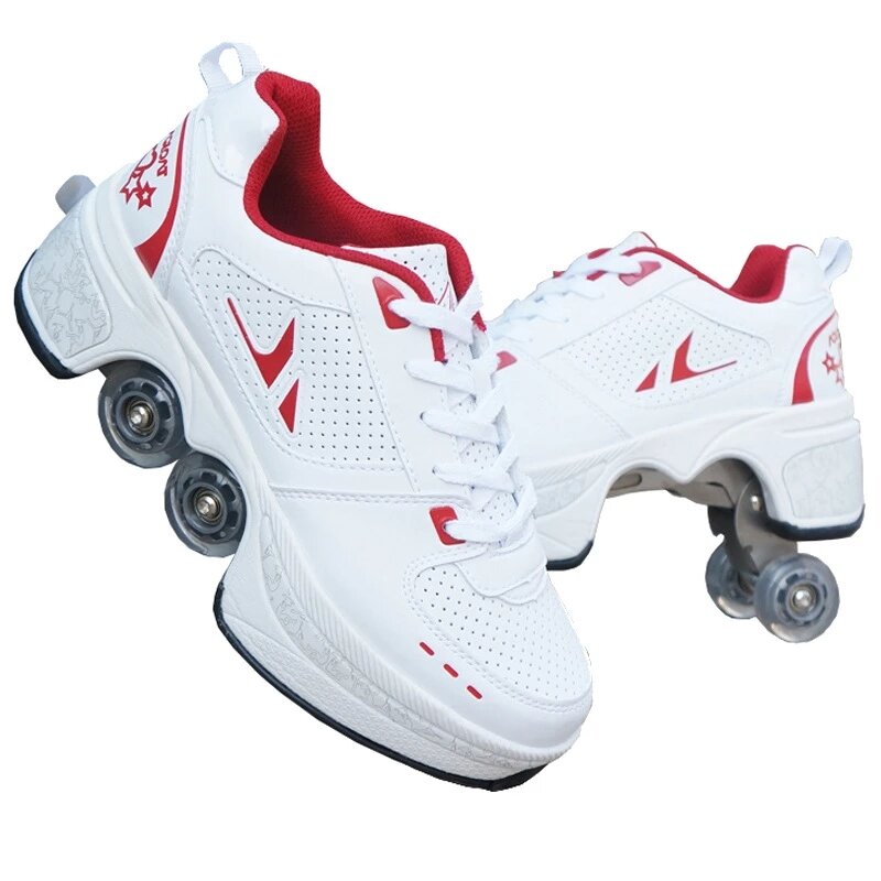 Couro do plutônio adulto sapatos de skate esporte casual deformação parkour tênis patins com 4 rodas para rodadas crianças de corrida