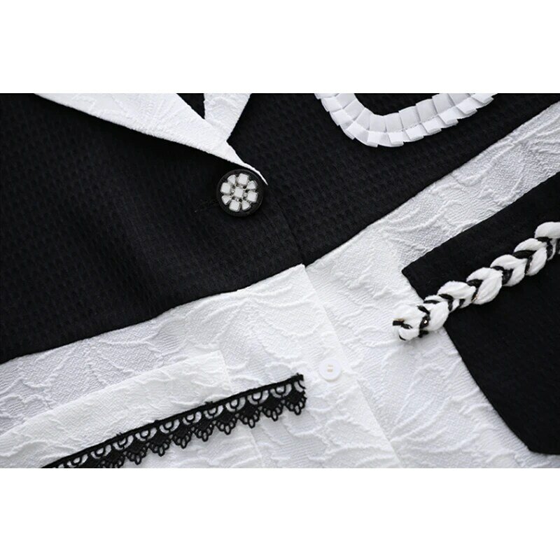 Chemise mi-longue pour femmes, col de costume, couleur contrastée, noir, blanc, motif Floral, volants, bulle, manches courtes, été
