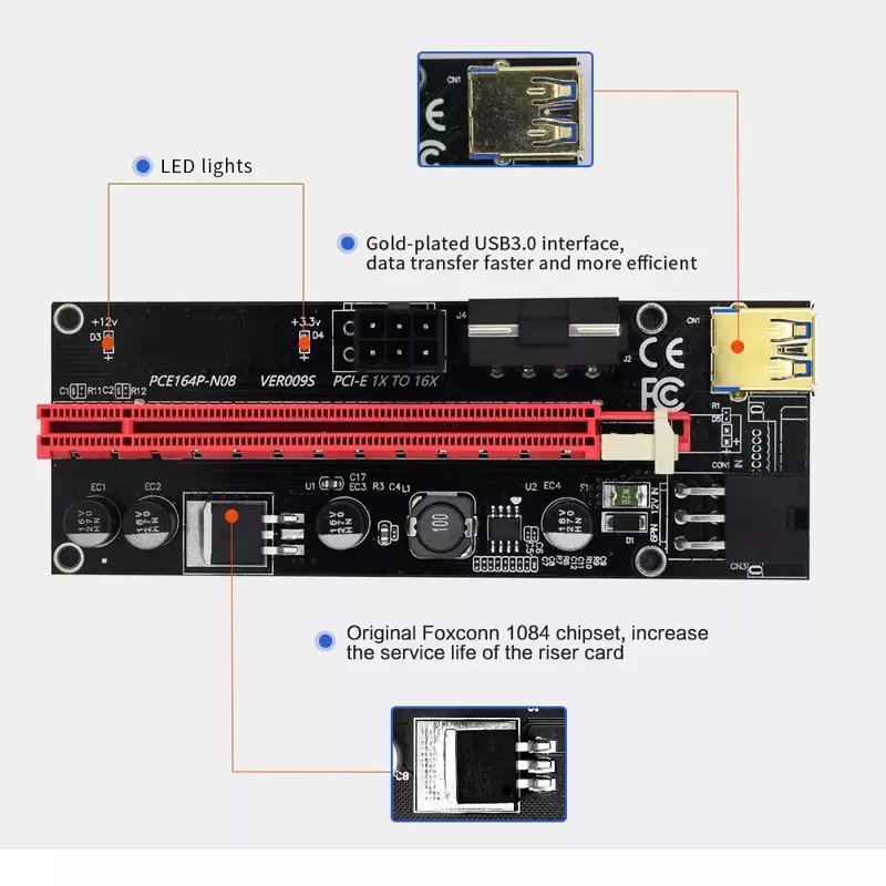 TISHRIC-gpu PCIE PCI-E 라이저 009S 카드 PCI E X16 PCI Express 6Pin to SATA 1X 16X USB3.0 익스텐더, 마이닝 ETH btc용 LED, 6 개