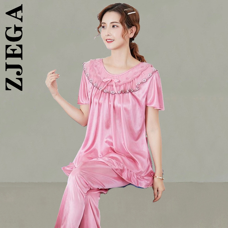 Zjega Women Fashion Pajamas Loose Homewear For Middle Age Satin Pajamas Set Lingerie Soft Ladies Suit Female Clothes Nightgown