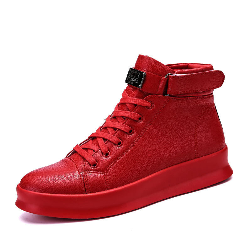 Casal sapatos de placa vermelho estrangeiro ano novo sapatos de couro à prova dwaterproof água sapatos casuais homens plana alta superior cor sólida vulcanizada tênis