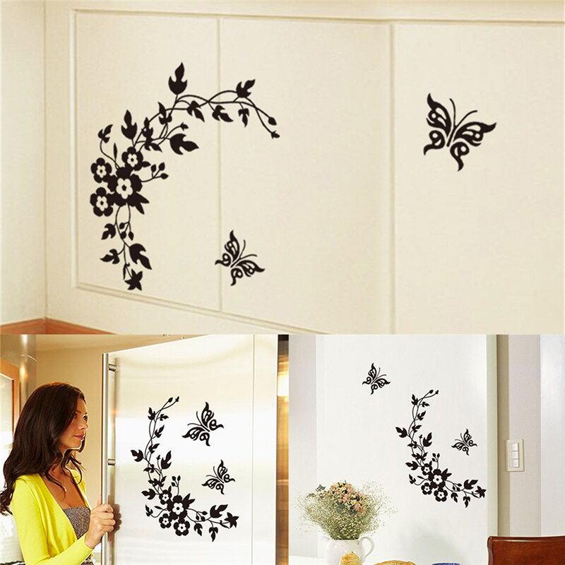Autocollant mural noir papillon amour fleur, 28x34cm, en PVC, pour toilettes, réfrigérateur, armoire, décoration de la maison