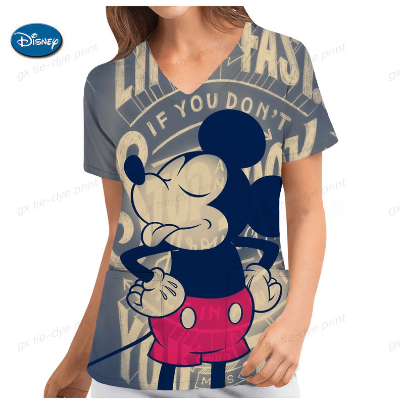 T Shirts Mickey Tops V Neck T-shirt Nurse Uniform T-shirts Disney Top Women 2023 Hospital Minnie Mouse Woman Clothes Pocket Tees