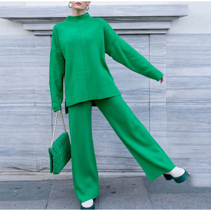 Set Celana Wanita Rajutan 2022 Pakaian Celana 2 Potong Solid Wanita Kasual Fashion Musim Gugur Musim Dingin Celana Atas Lengan Panjang dan Celana Kaki Lebar