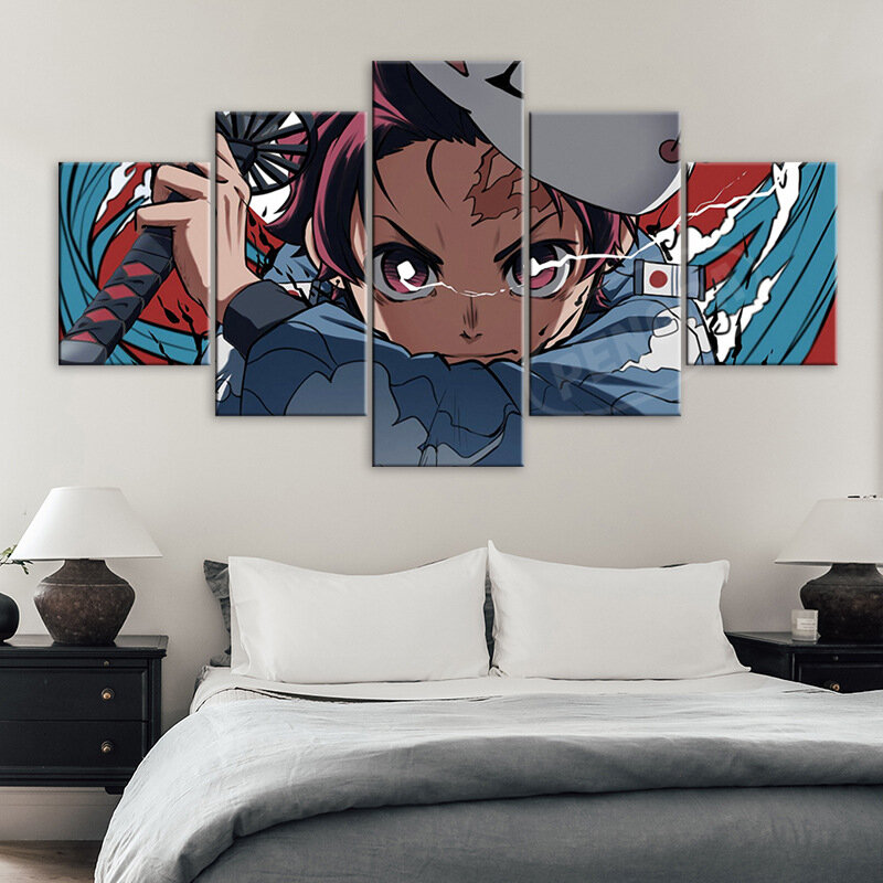 5PCS/Set Anime Demon Slayer Kimetsu No Yaiba Printed Canvas Wall Posters Kids Bedroom Living Room Home Decor Art Wall Stickers