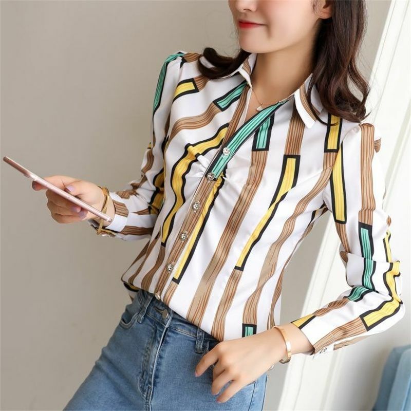 Autumn Button Up Satin Silk Long Sleeves Blouse Shirts Women White Lady Korean Office Shirts Blusas Mujer Camisa Femenina