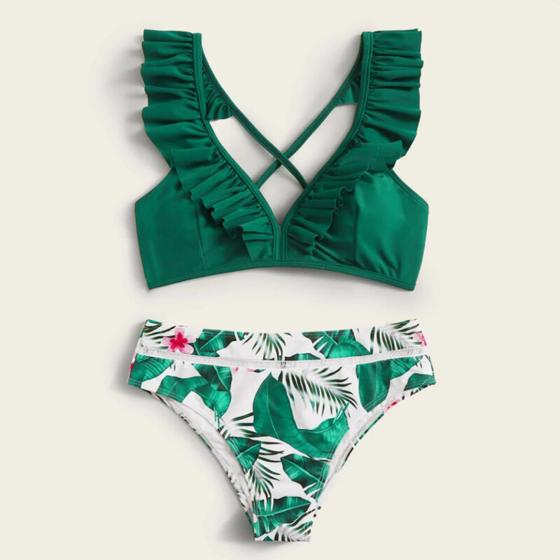 Conjunto de Bikini con volantes de cintura alta para mujer, bañador Sexy con volantes, traje de baño de 2 piezas, ropa de playa Floral, traje de baño con cuello en V 2022