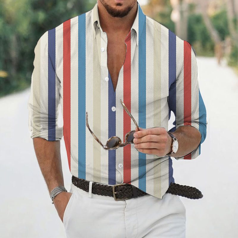 Гавайская Мужская рубашка с длинным рукавом, крутая тонкая футболка с принтом в полоску, повседневная одежда для мужчин, весна