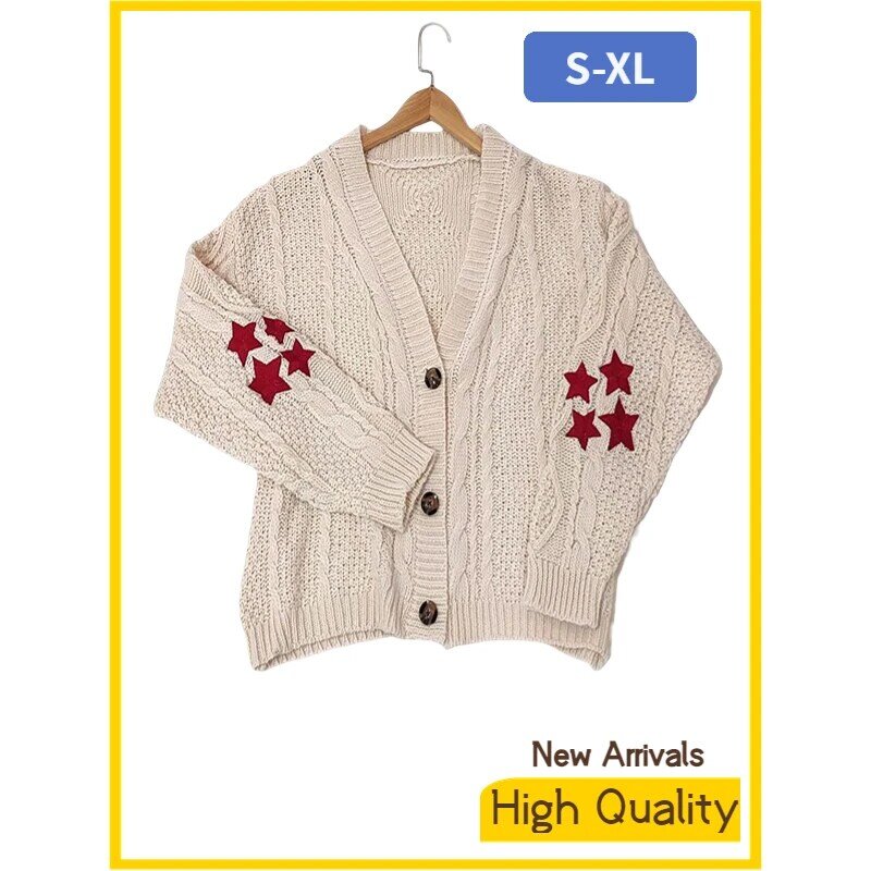 High Quality Long Sleeves Loose Tay Women Red Star Embroidered Cardigan Lor Holiday Tops Warm Swift V-neck Knitted Sweater 2022