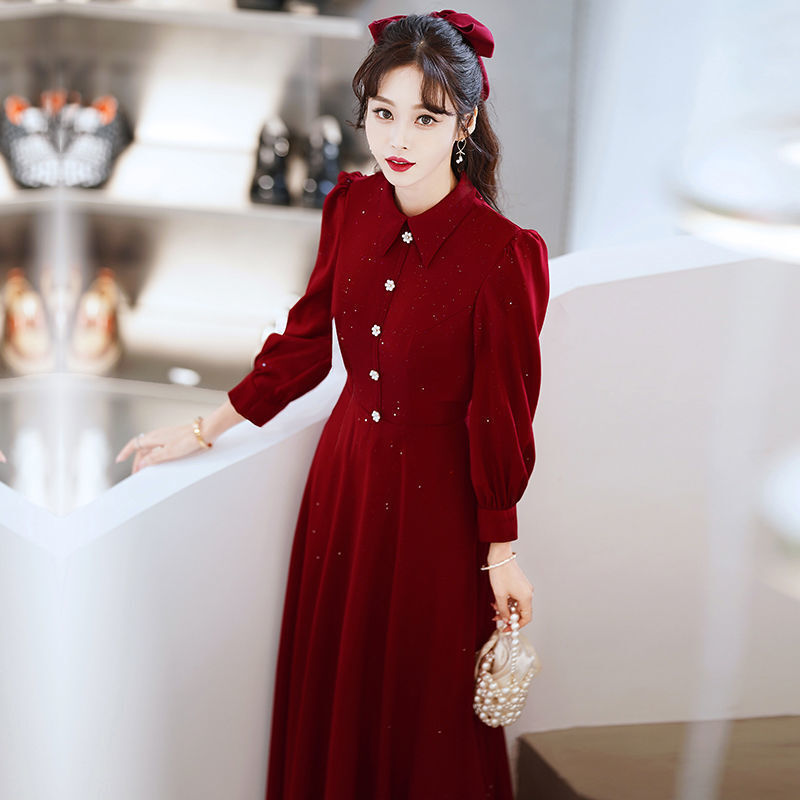 ETESANSFIN-vestido elegante de cuello redondo para mujer, para verano, tostado rojo vino, boda, compromiso, vida diaria, (ambos Regular-Plus)
