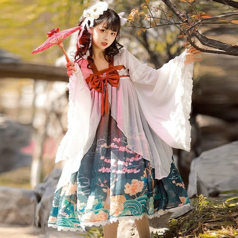 Hanfu ชุดเดรสผู้หญิงยาวถึงหน้าอกพิมพ์ลายทุกวันสไตล์โลลิต้าขนมหวานญี่ปุ่นฤดูร้อนฤดูใบไม้ผล...
