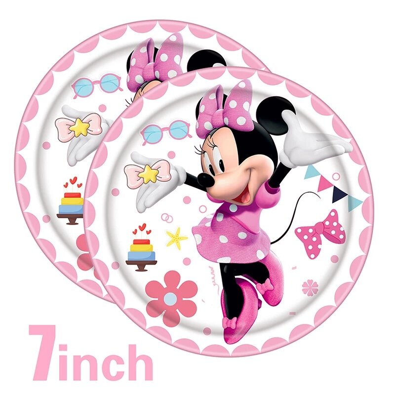 Minnie Mouse dekorasi pesta ulang tahun termasuk kertas cangkir piring serbet kue Topper balon untuk anak-anak Gadis bayi perlengkapan pesta mandi