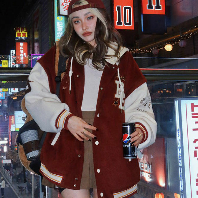 Giubbotto Bomber staccabile con ricamo a colori Vintage giubbotto bomber da strada Harajuku allentato da donna coppia giacca con cappuccio da strada