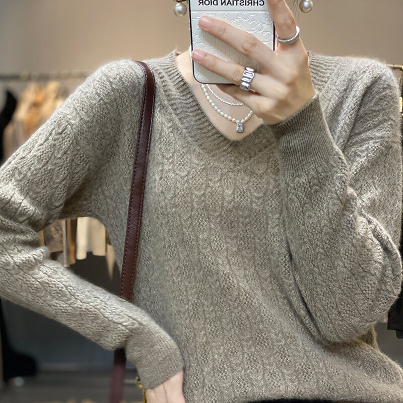 女性用長袖セーター,ゆったりとした秋冬Vネックセーター