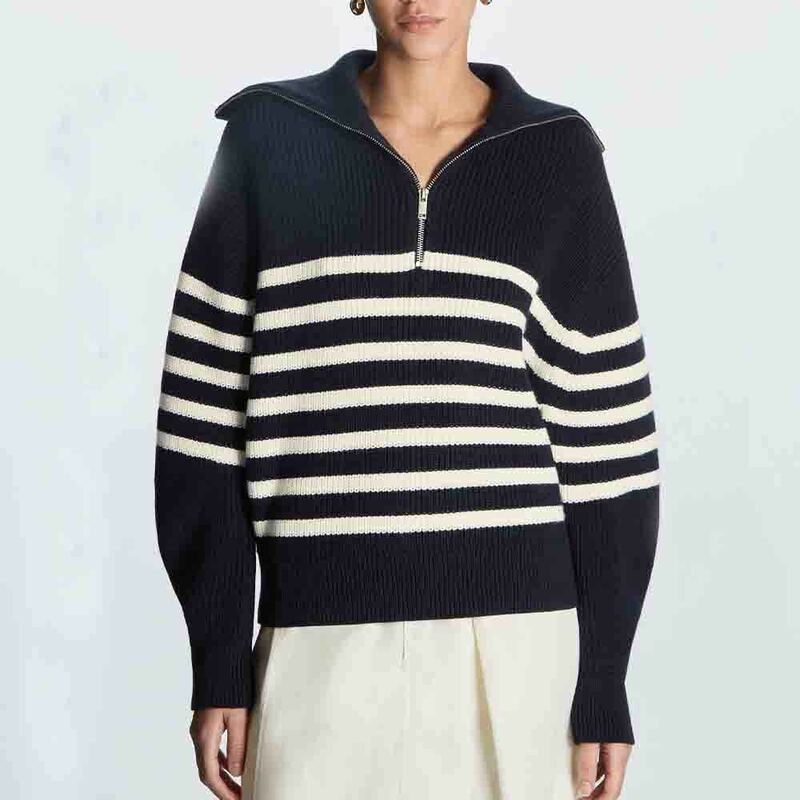PB & ZA sweter damski moda w paski luźny zamek na drutach swetry w stylu Vintage z długim rękawem asymetria kobiece pulowerowe topy