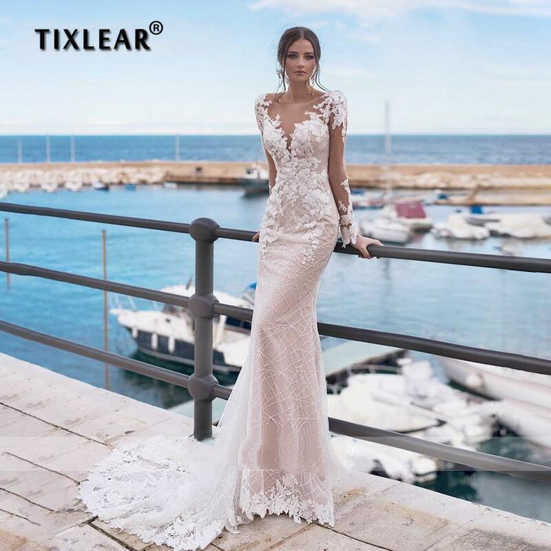 Женское свадебное платье-Русалка TIXLEAR, с длинным рукавом и блестками, с аппликацией и жемчугом на спине