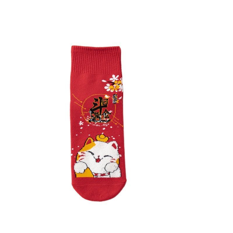 Calcetines rojos de gran suerte para mujer, medias de tubo medio de dibujos animados, gato de la suerte, moda Harajuku, Año Nuevo, 2022