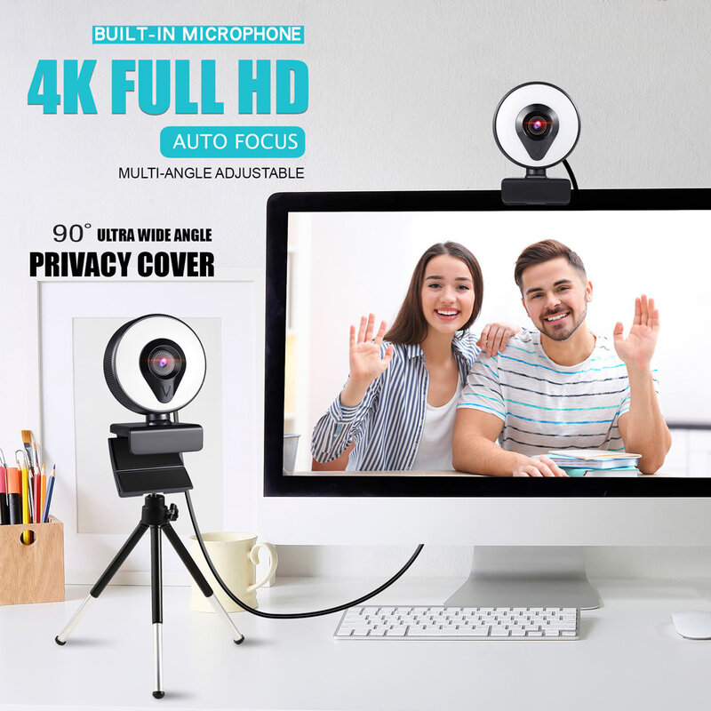 Webcam Full HD 1080P 2K 4K 8K, caméra USB avec Microphone et éclairage annulaire, pour ordinateur portable