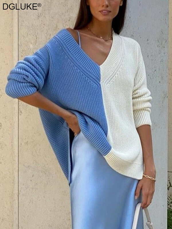 Sweter Rajut Kontras untuk Mode Wanita 2022 Sweter Longgar Panjang Leher-v Jumper Pullover Atasan Rajut Musim Gugur Musim Dingin