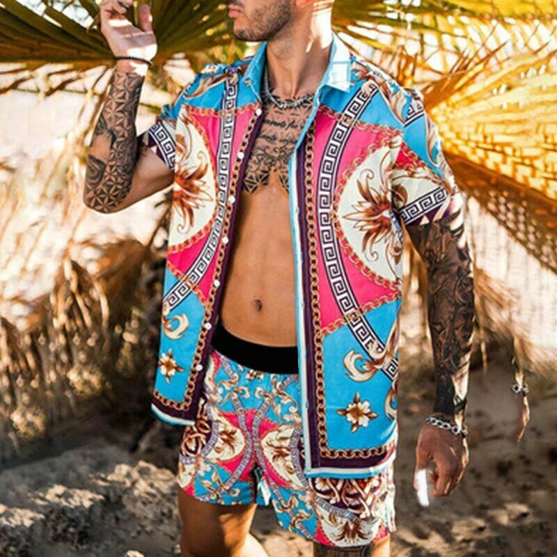 Hawaiian men verão terno de manga curta botão impresso camisa praia shorts rua casual 2 peça terno dos homens