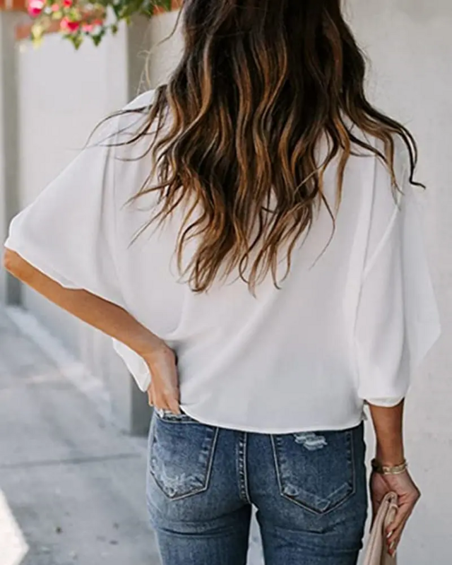 Blusa feminina elegante borboleta impressão meia manga topo moda branco manga comprida camisa chique diário all-match streetwear